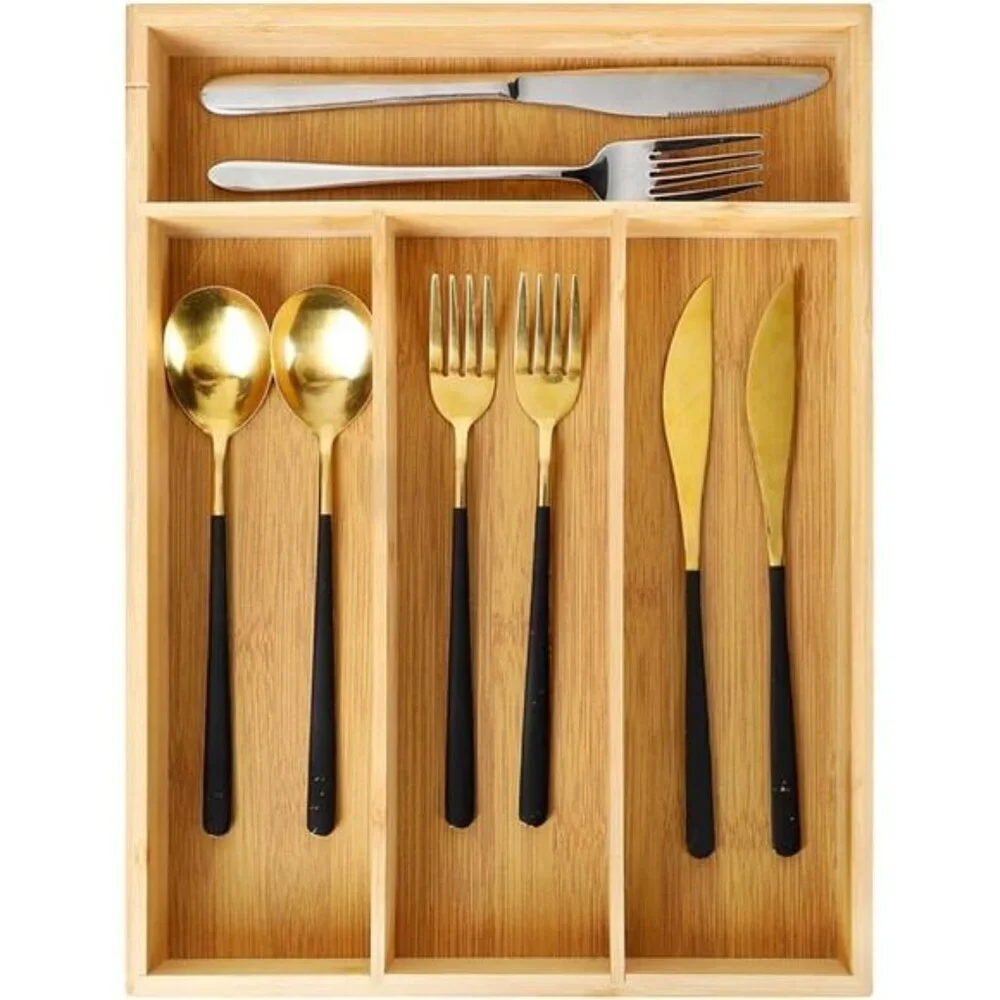 Bamboo drawer organizer silverware tray utensil holder cutlery storage divider
